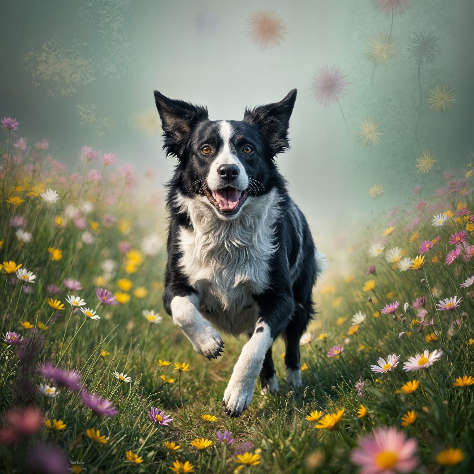 Vibrant Border Collie in Whimsical Fantasy Landscape