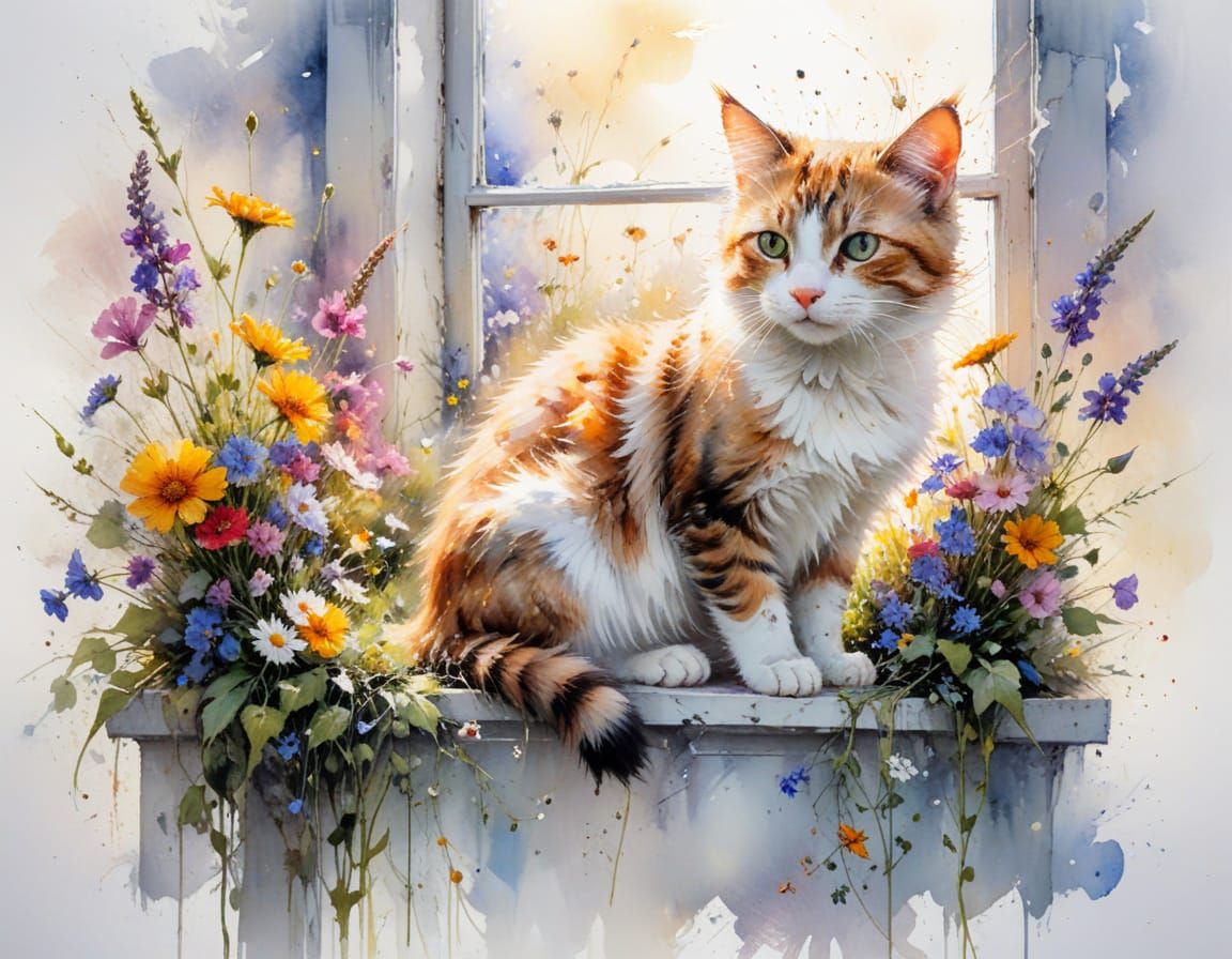 Adorable Cat on Ledge in Sunlit Fairytale Garden