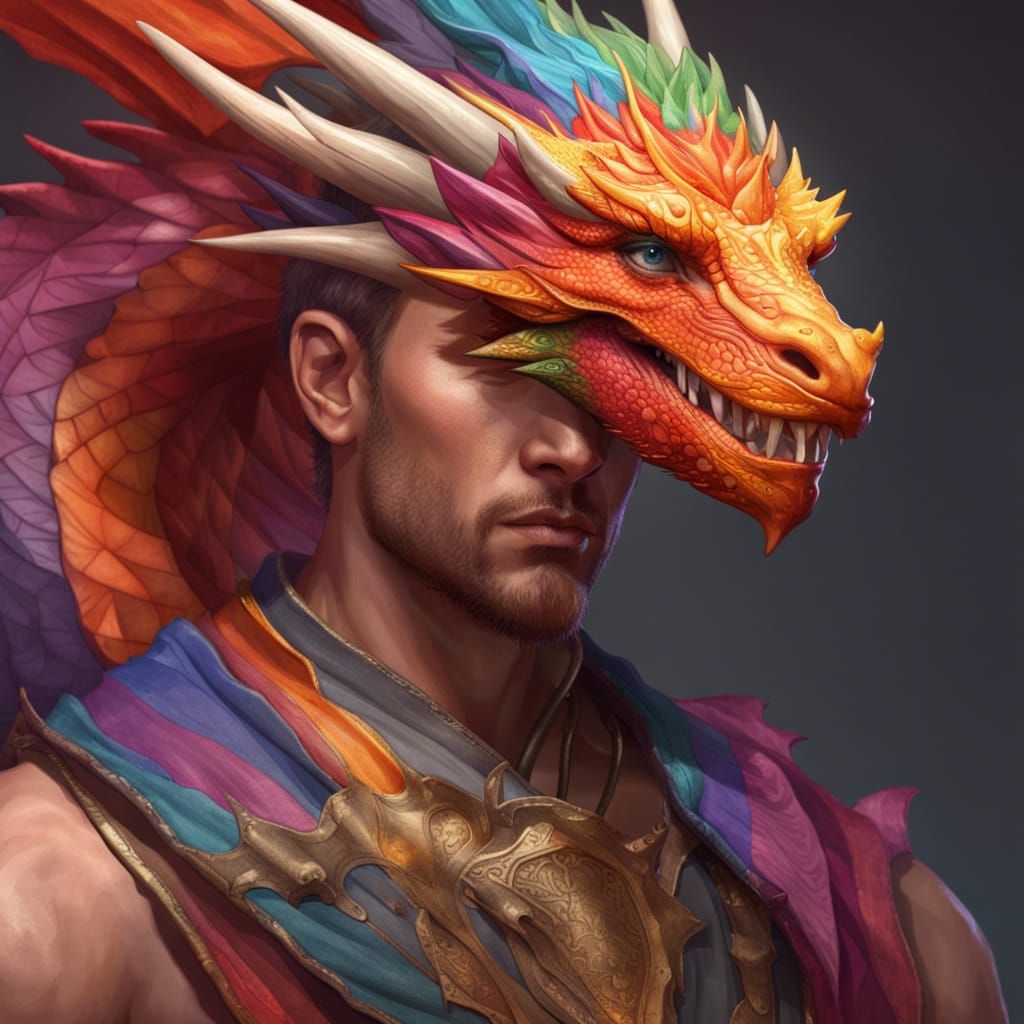 Gay Man Flag Dragon Portrait in Hyperdetailed Style