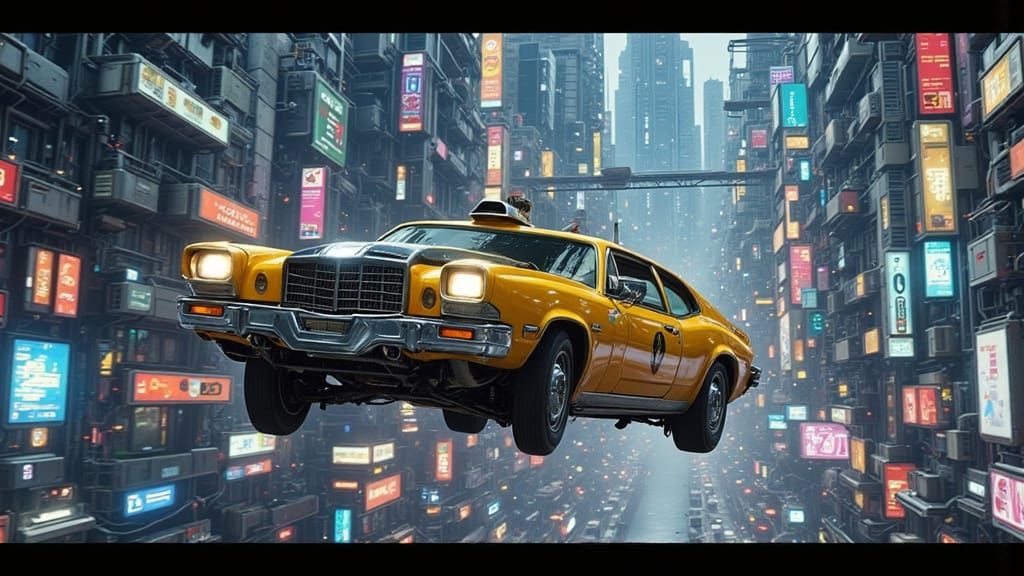 Flying Taxi Chase Through Futuristic Cityscape