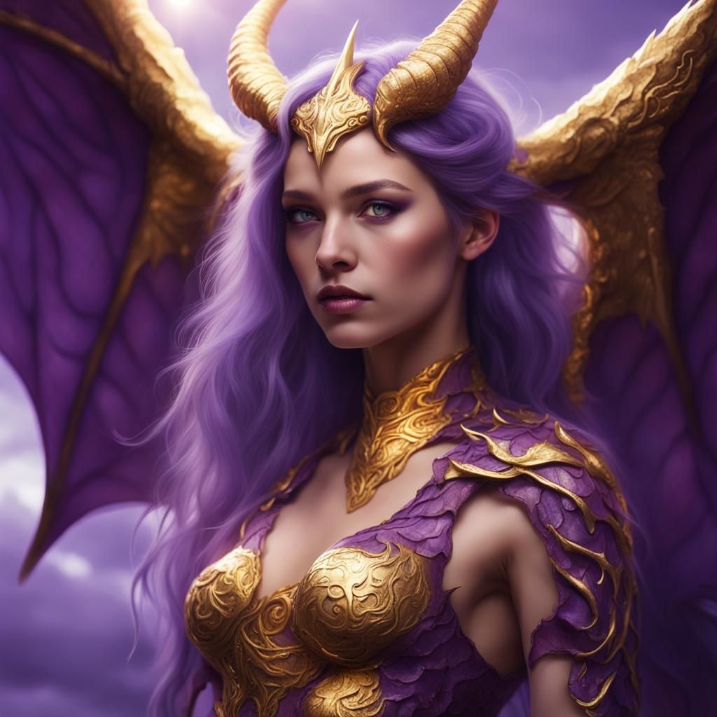 Purple Half-Dragon Woman with Golden Eyes