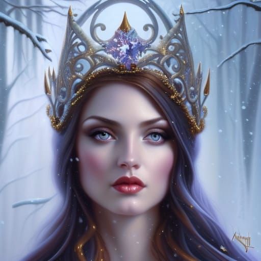 Winter Princess with Ice Crown: Hyperdetailed Oil Painting