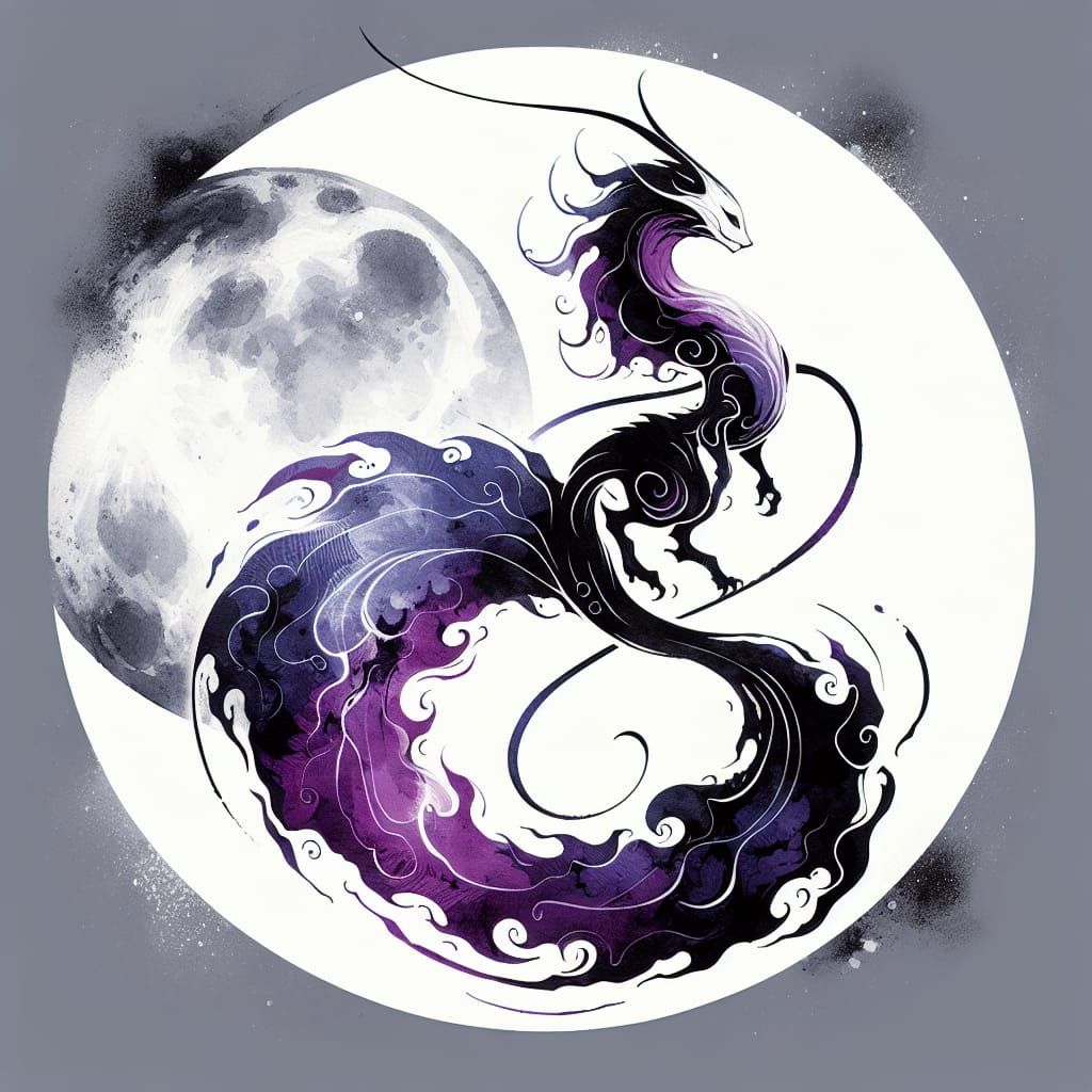 Monochrome Creature Floating Before Moon in Ink Art Style