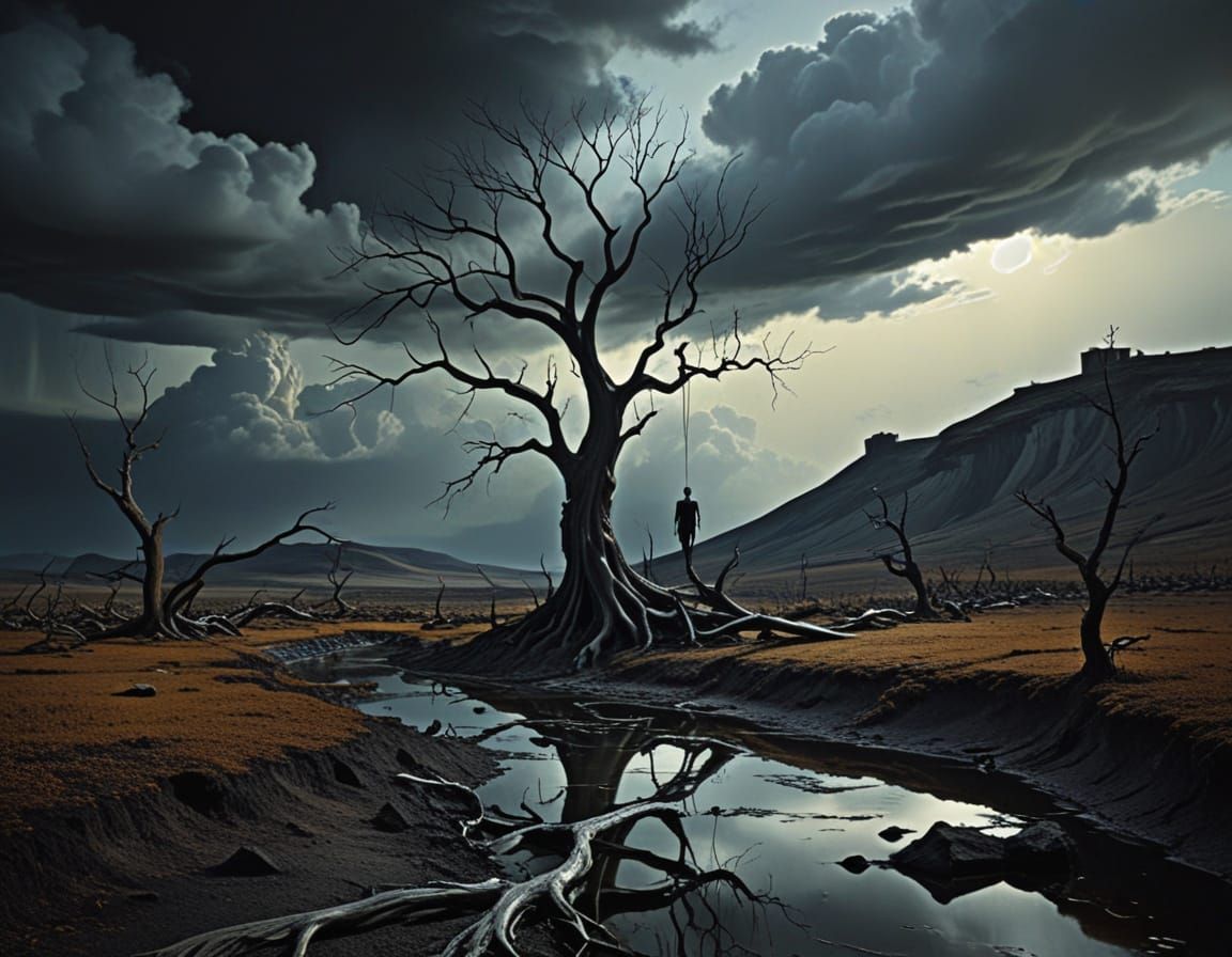 Figure in Desolate Landscape with Void Face, in Oil Painting...