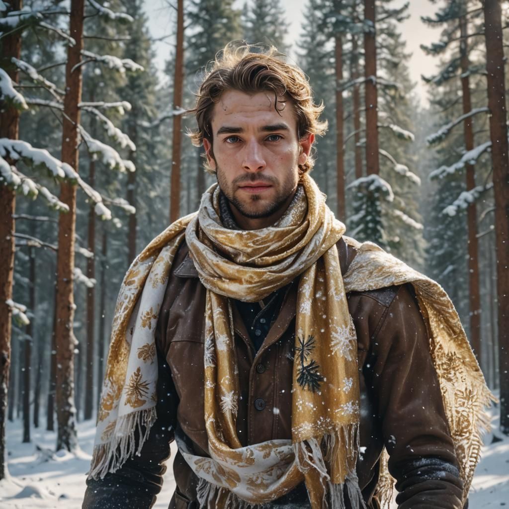 Winter Man with Scarf in Snowy Forest