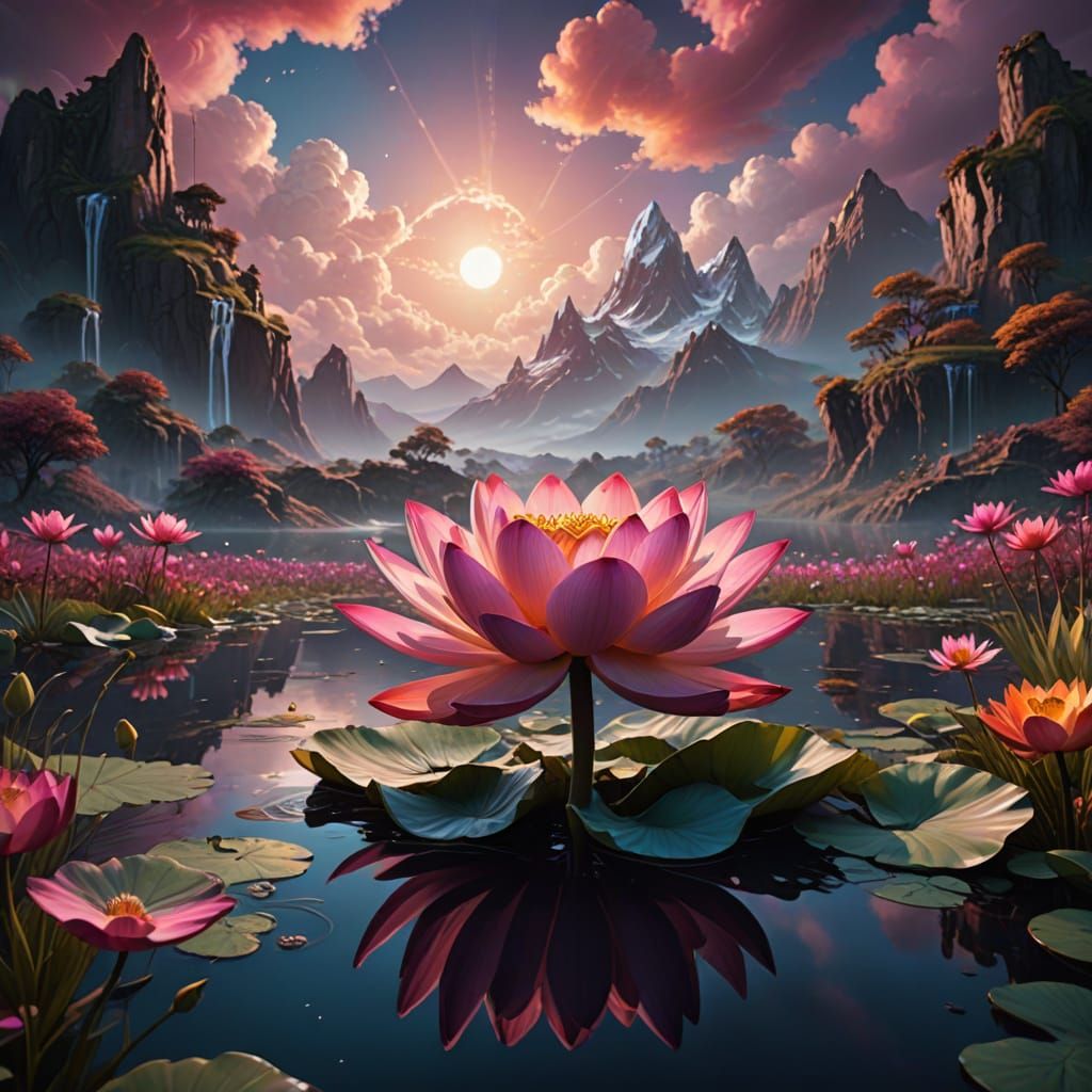 Dreamy Lotus Flower in Vibrant Hues on a Celestial Backgroun...