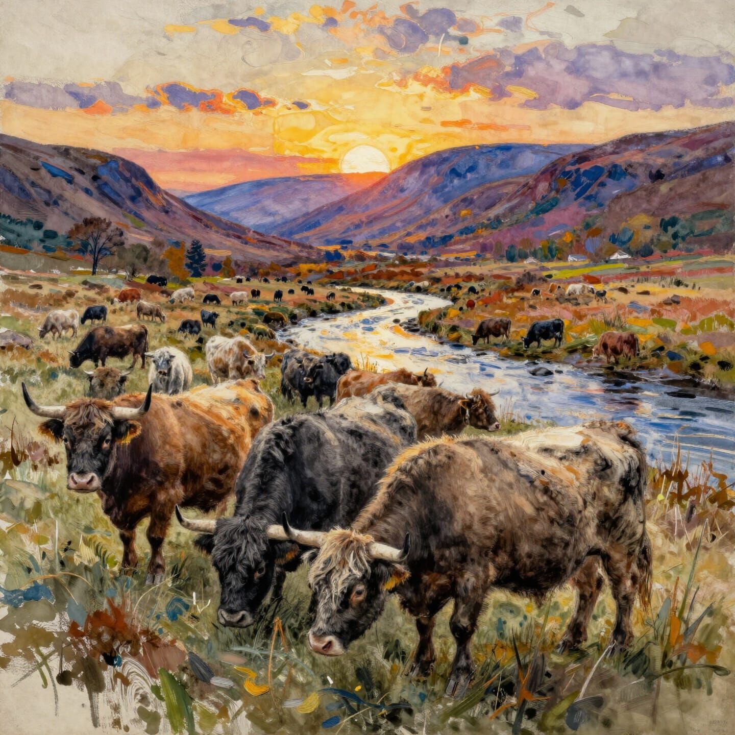 Scottish Highland Cattle Grazing at Sunset