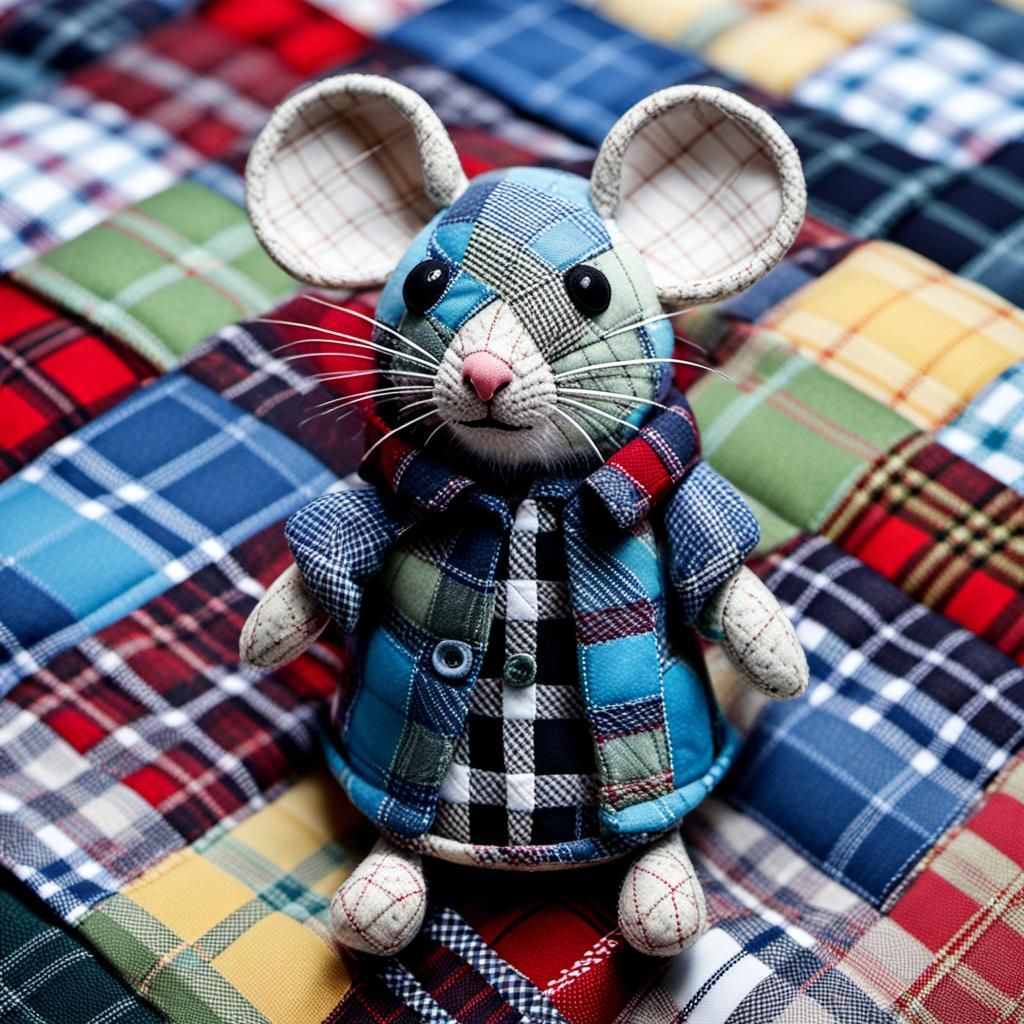 Hyperrealistic Patchwork Plaid Fabric Chibi Mice