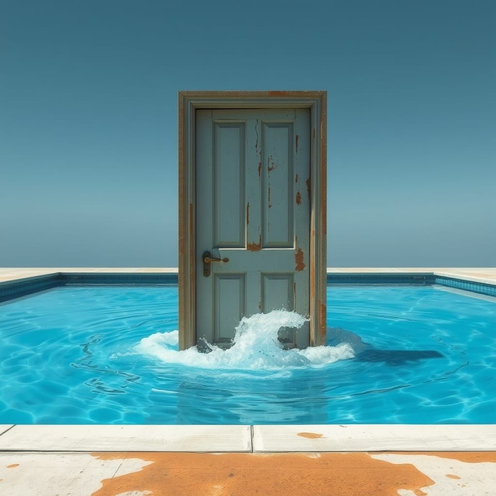 Surreal Doorway in Abandoned Pool, Dreamlike Scene