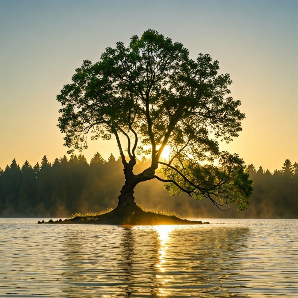 Majestic Foggy Island Tree Glows in Sunrise