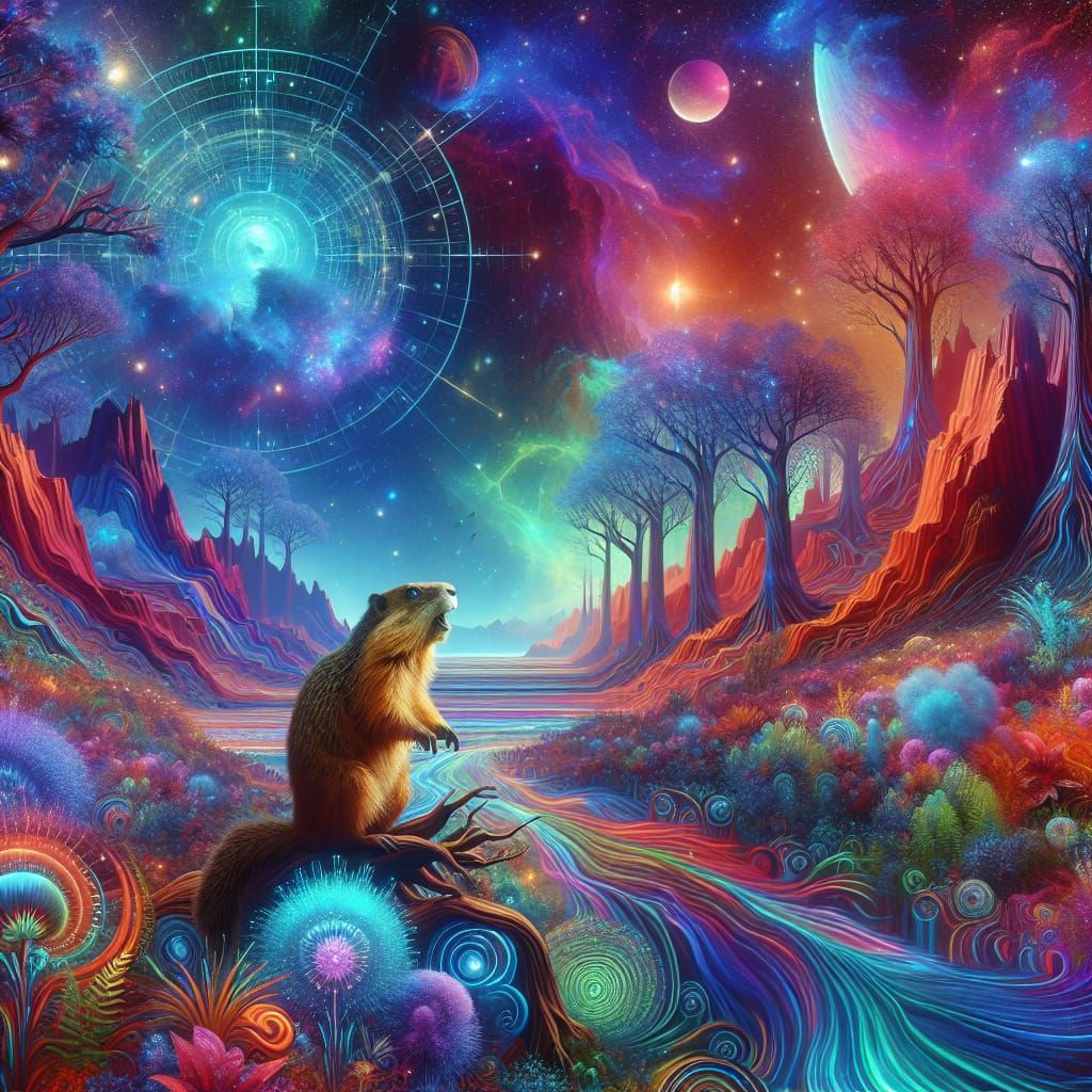 Cosmic Woodchuck Chucking Wood: A Visionary Digital Artwork