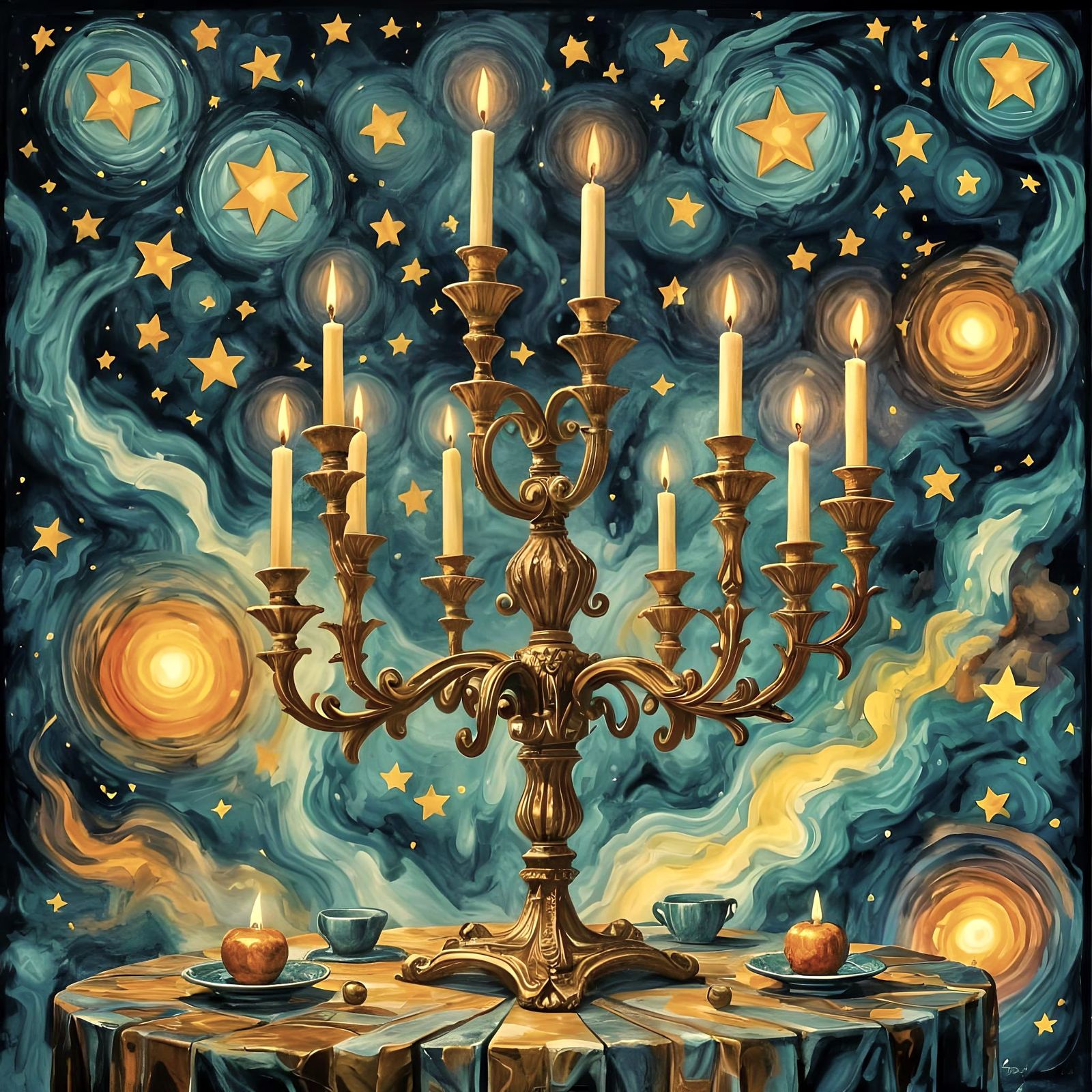 Candelabra Among Stars in Abstract Art Style