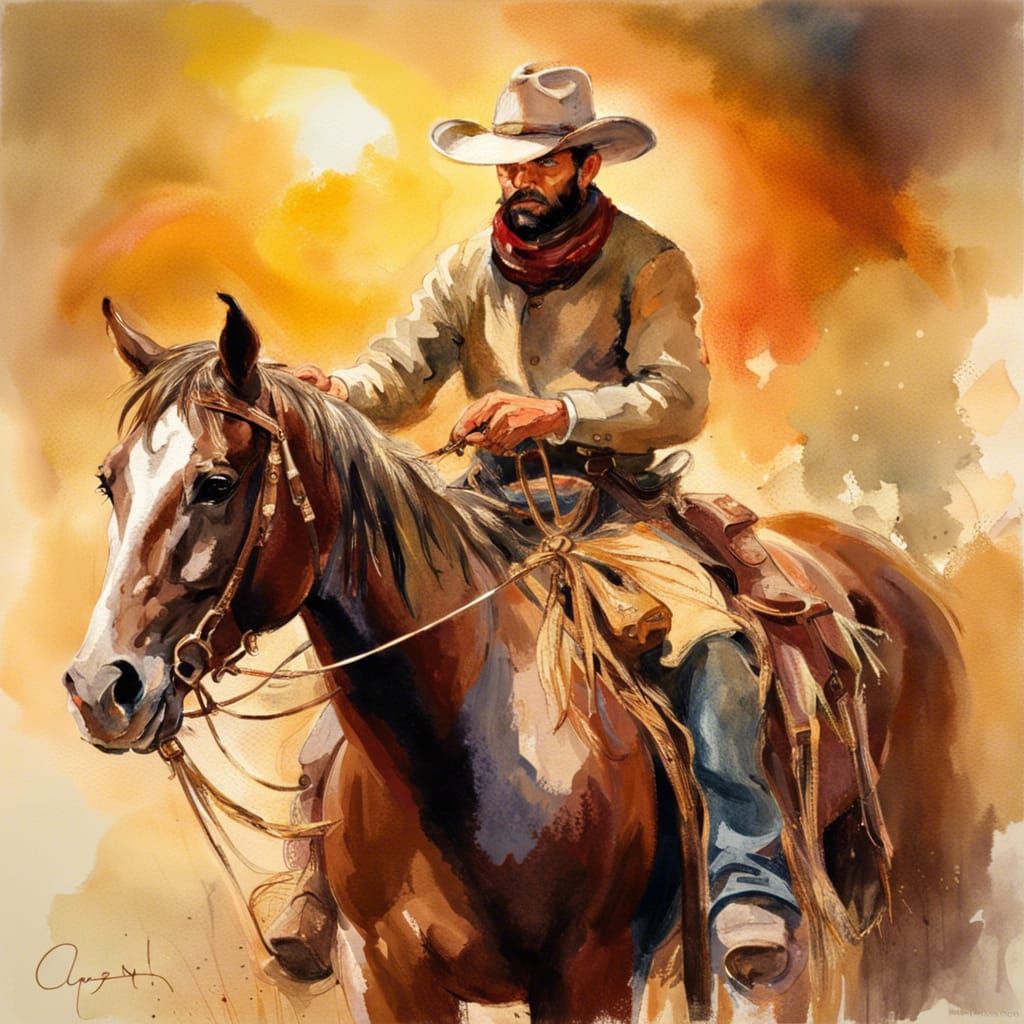 Impressionistic Cowboy with Lasso in Watercolor Style