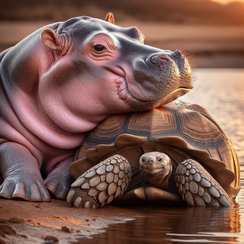 Young Hippo Nuzzles Ancient Tortoise by Water's Edge