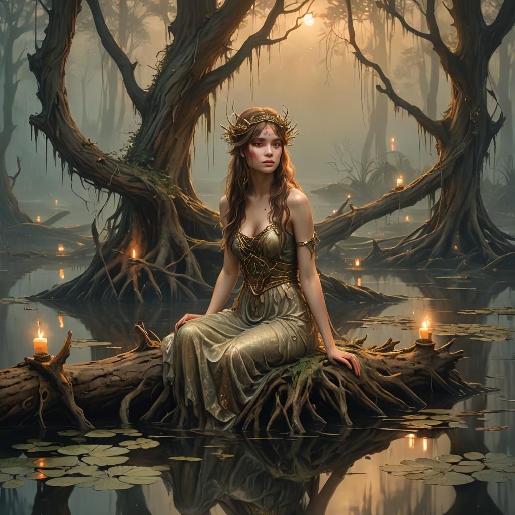 Seductive Siren in Misty Swamp, Inspired by Romanticism