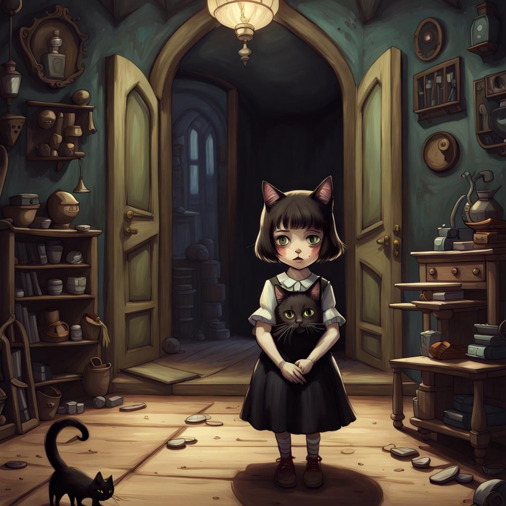 Fantasy Asylum: Girl with Cat in Gouache Painting