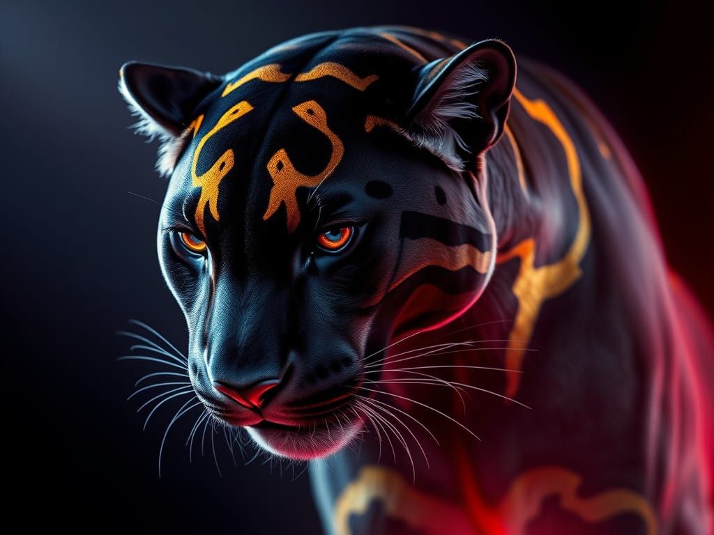 Golden Panther in Neon-Infused Dark Ambiance
