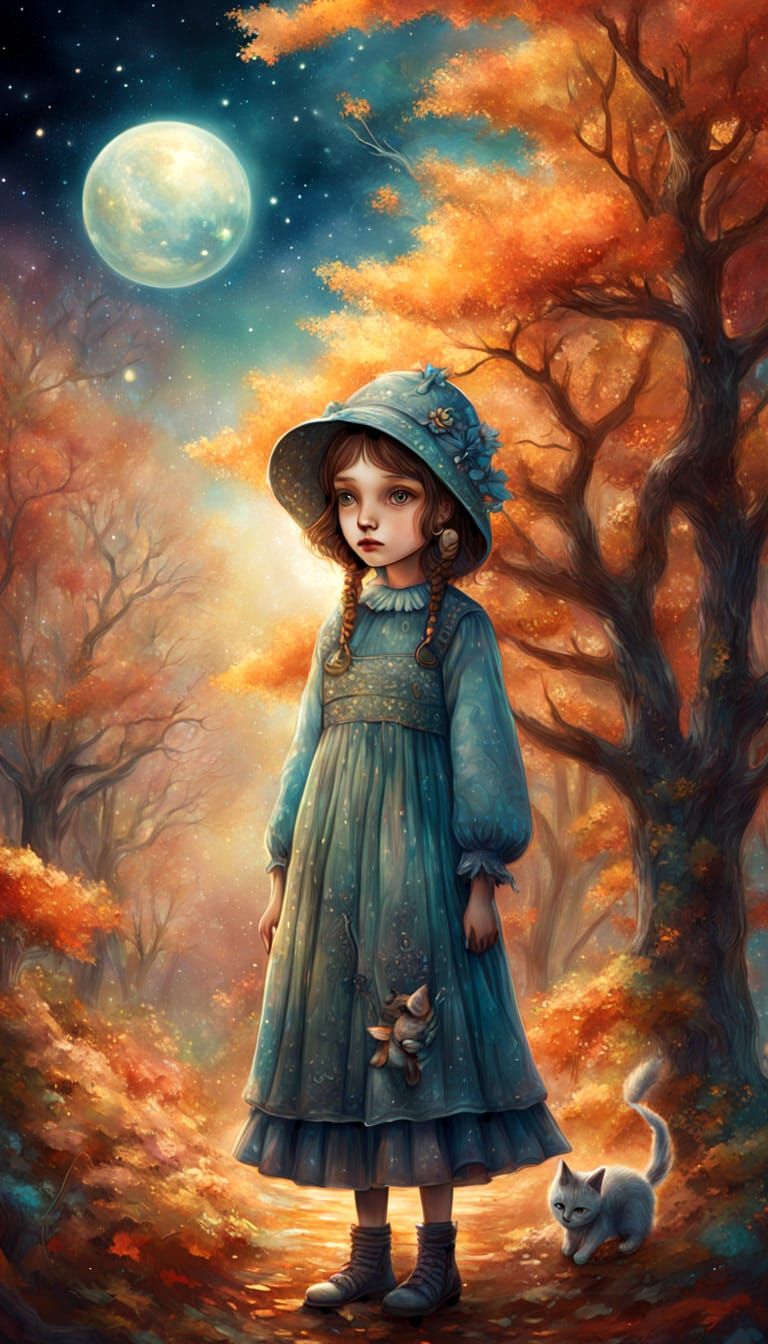Whimsical Girl and Kitten in Autumn Colors