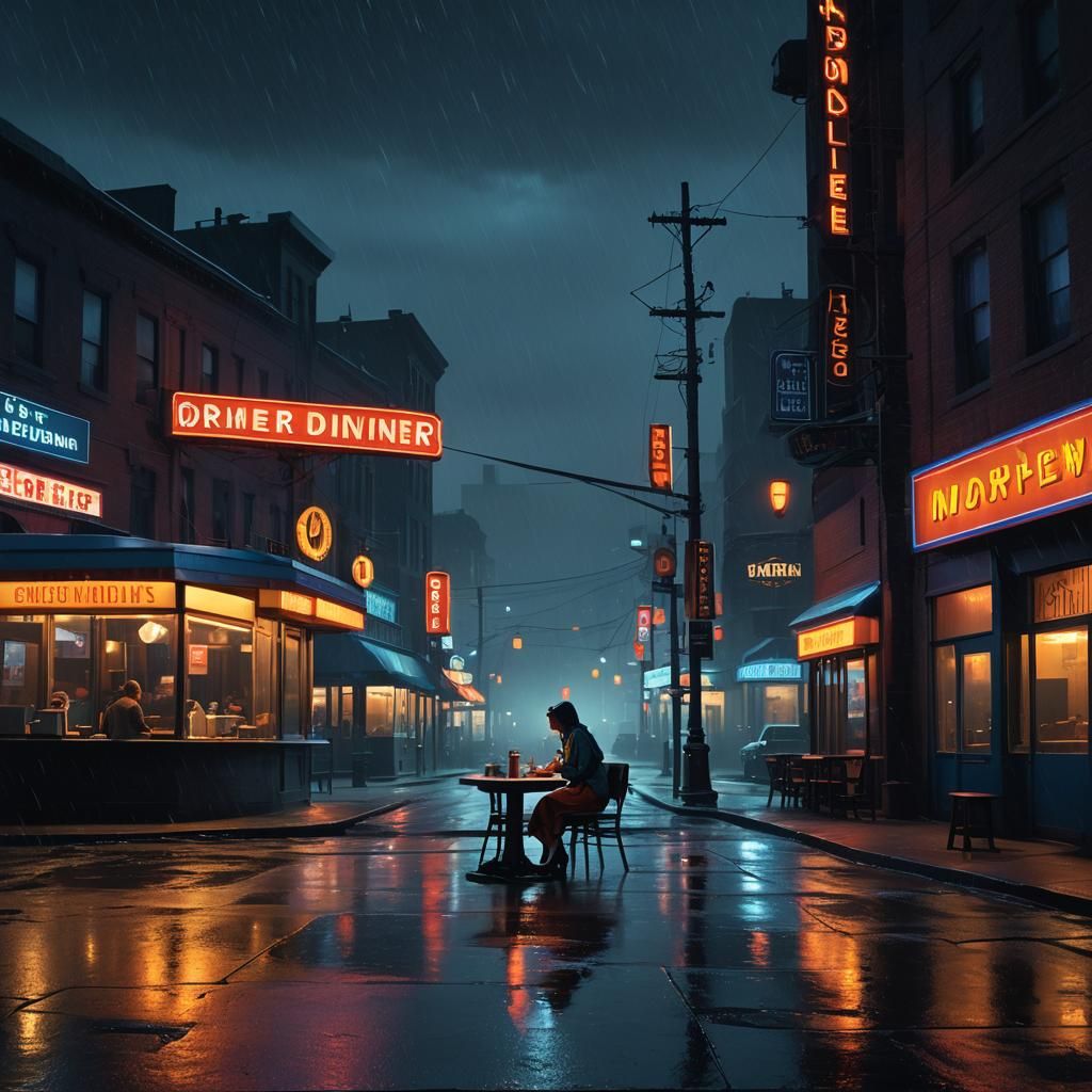 Snow White in Edward Hopper Cityscape