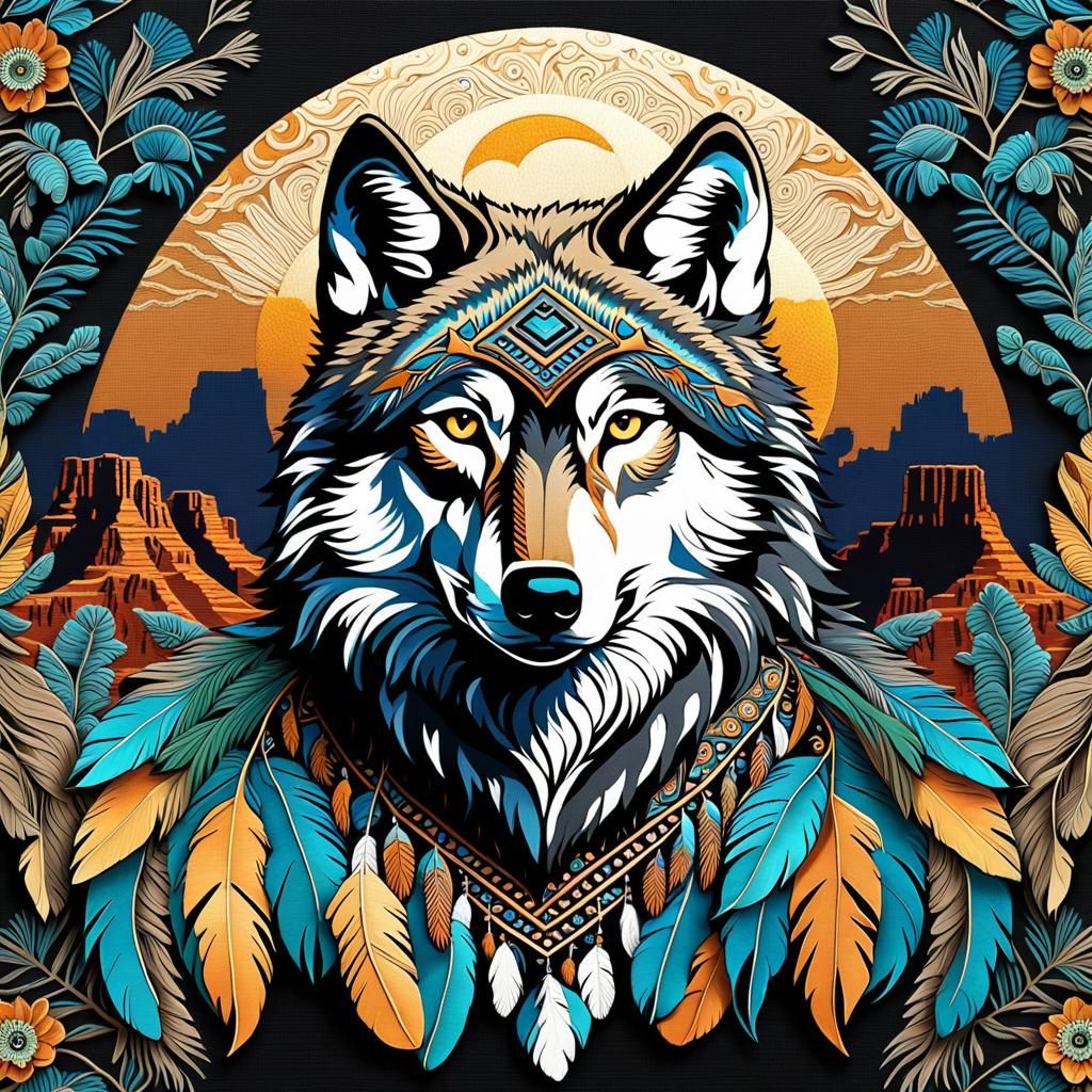 3D Wolf with Tribal Patterns and Feathers