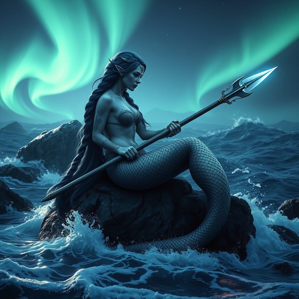 Viking Mermaid Lounging Amidst Stormy Seas