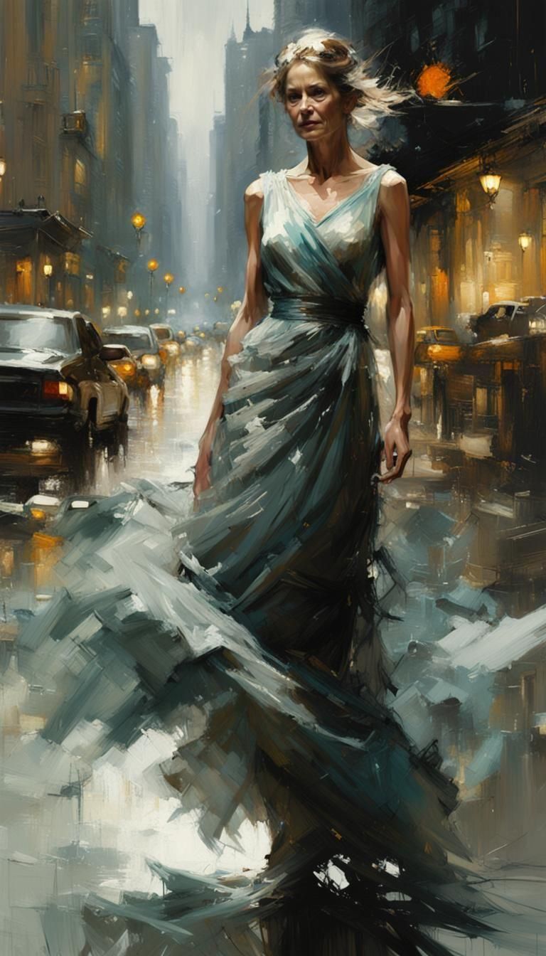 Elegant Woman in Flowing Dress as Impasto Painting