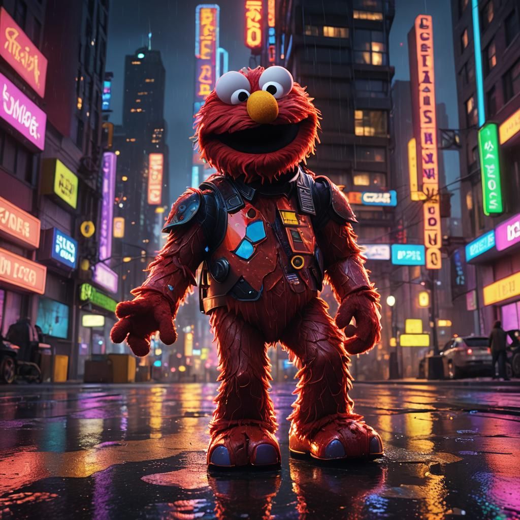 Elmo in Cyberpunk Cityscape 3D Render