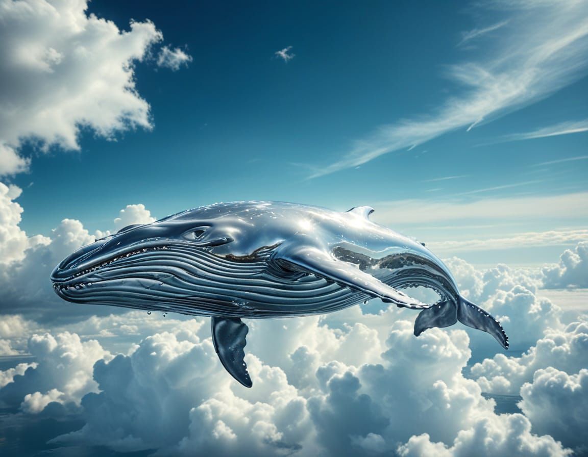 Chrome Whale Soaring Through Cloudy Sky: 3D Render