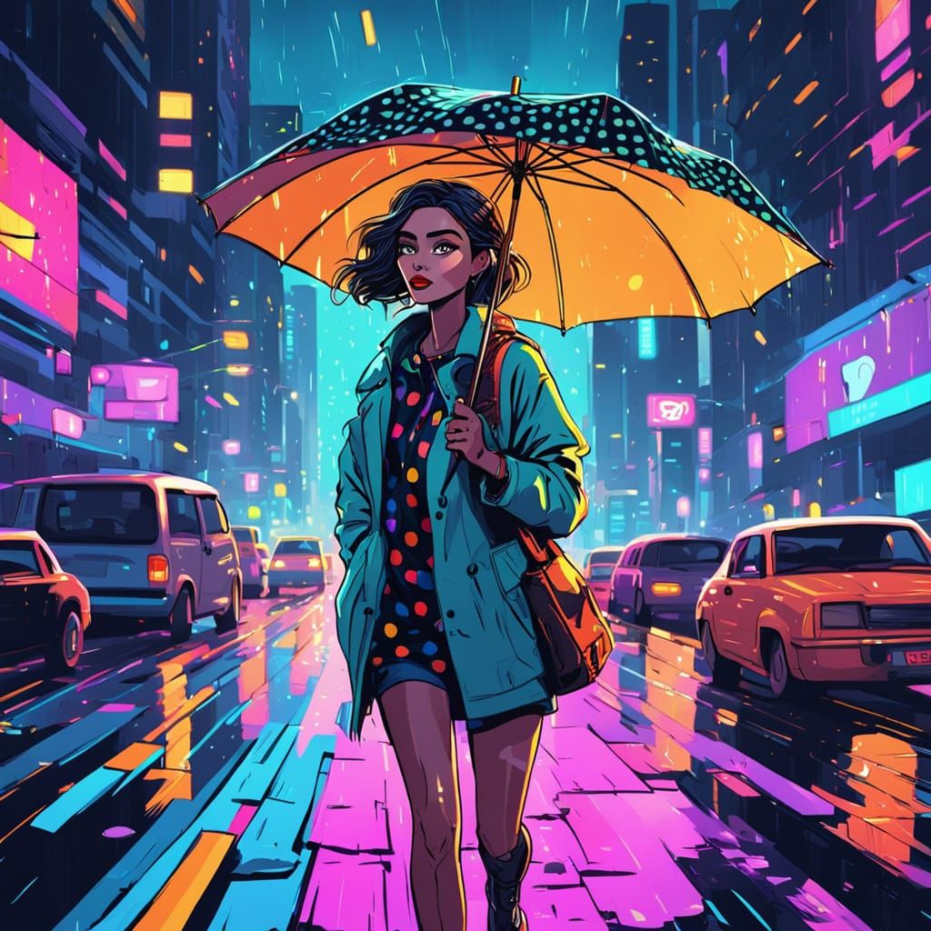 Retro Cartoon Girl Walks Highway in 2D Art