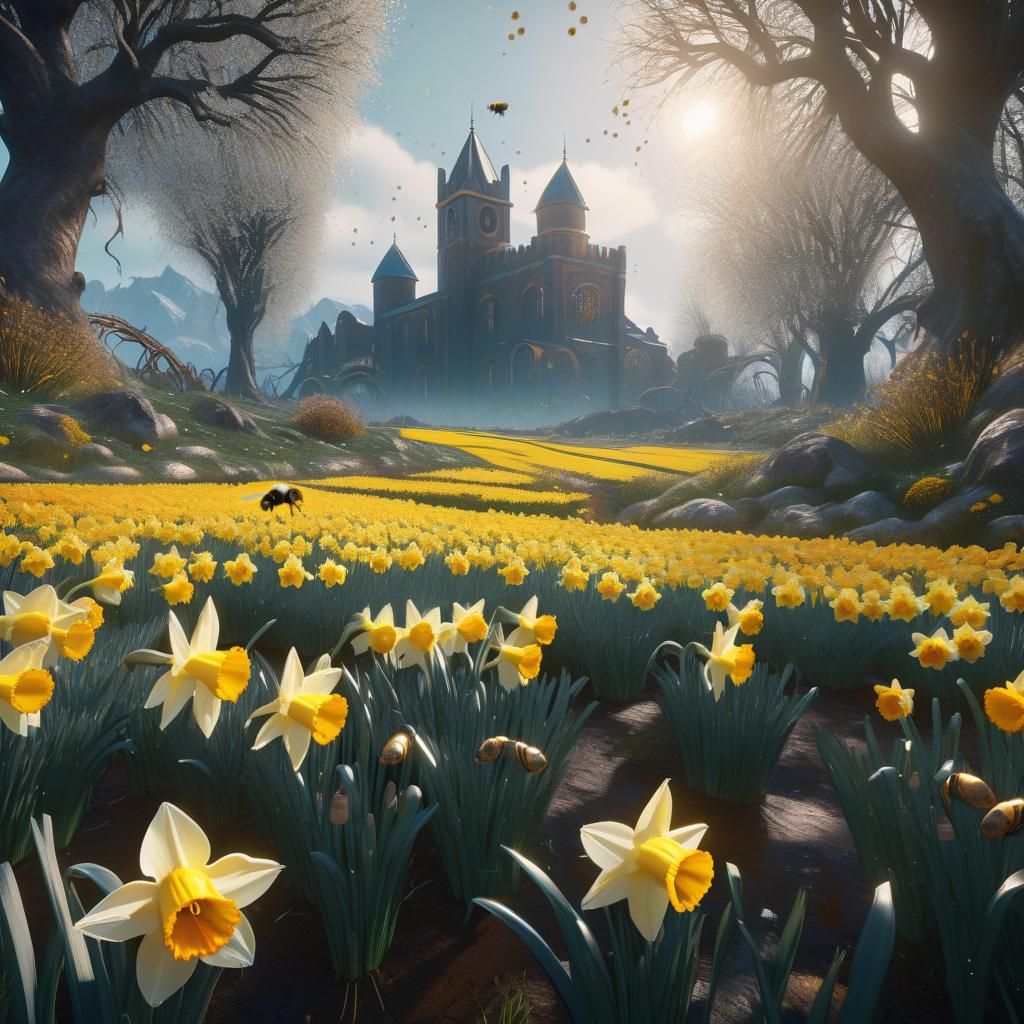 Daffodil Field with Bumblebee: Detailed Matte Painting