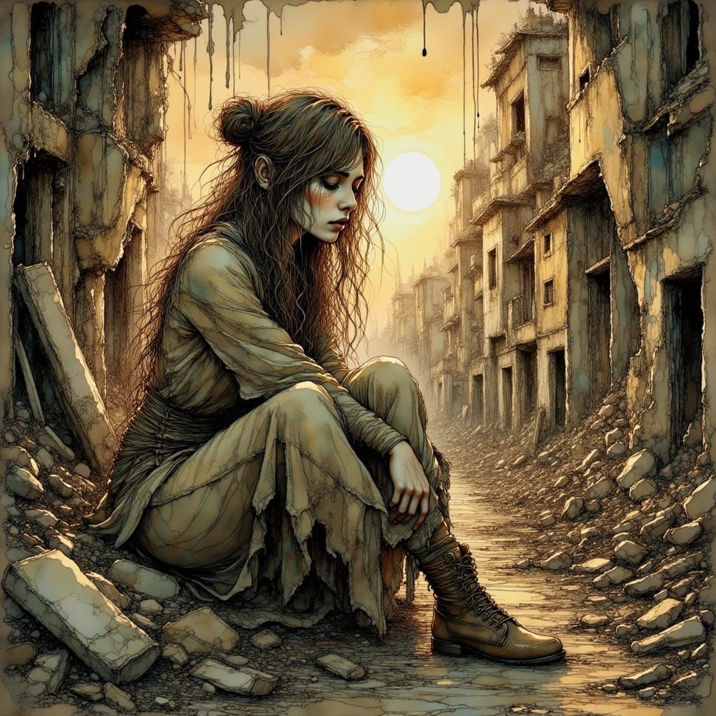 Art Nouveau Portrait of Survivor Amidst City Ruins