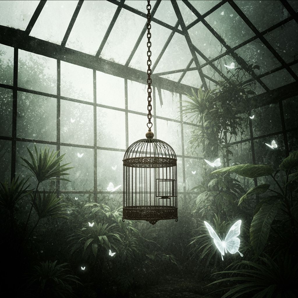 Moonlit Victorian Greenhouse with Empty Birdcage