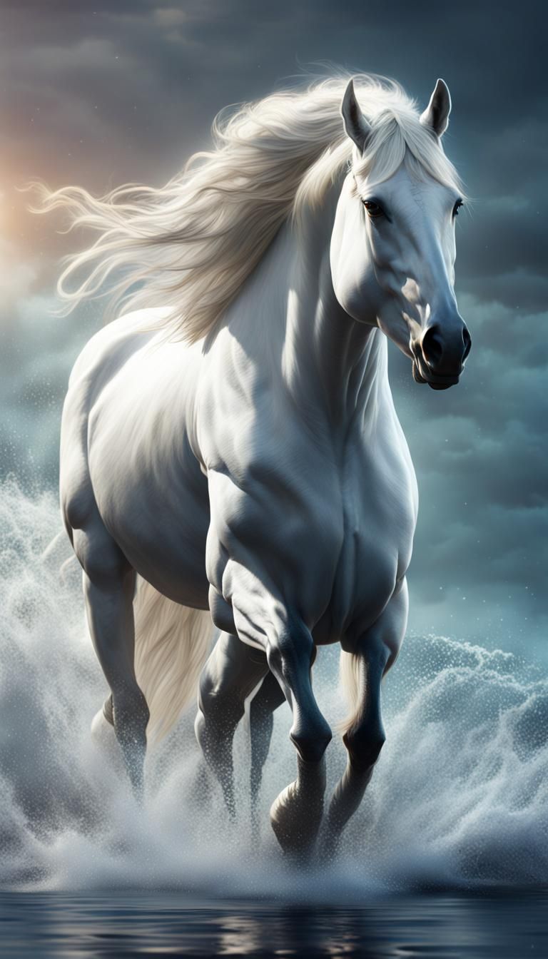 Noble White Horse at Night in Detailed Matte Painting