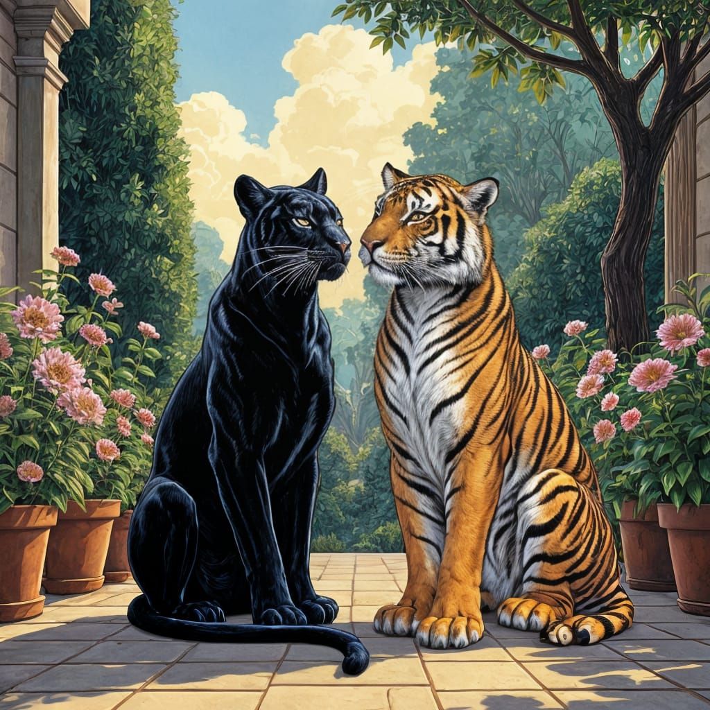 Panther and Tiger in Art Nouveau Courtyard