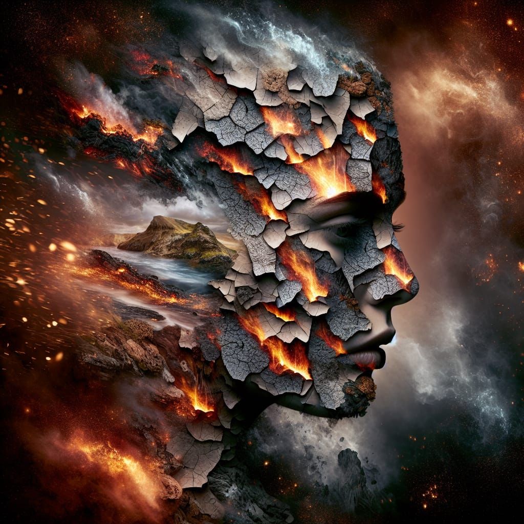 Elemental Face Constructed from Torn Paper Layers