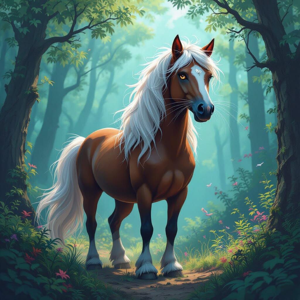 Majestic Horse-Cat Hybrid in Mystical Forest