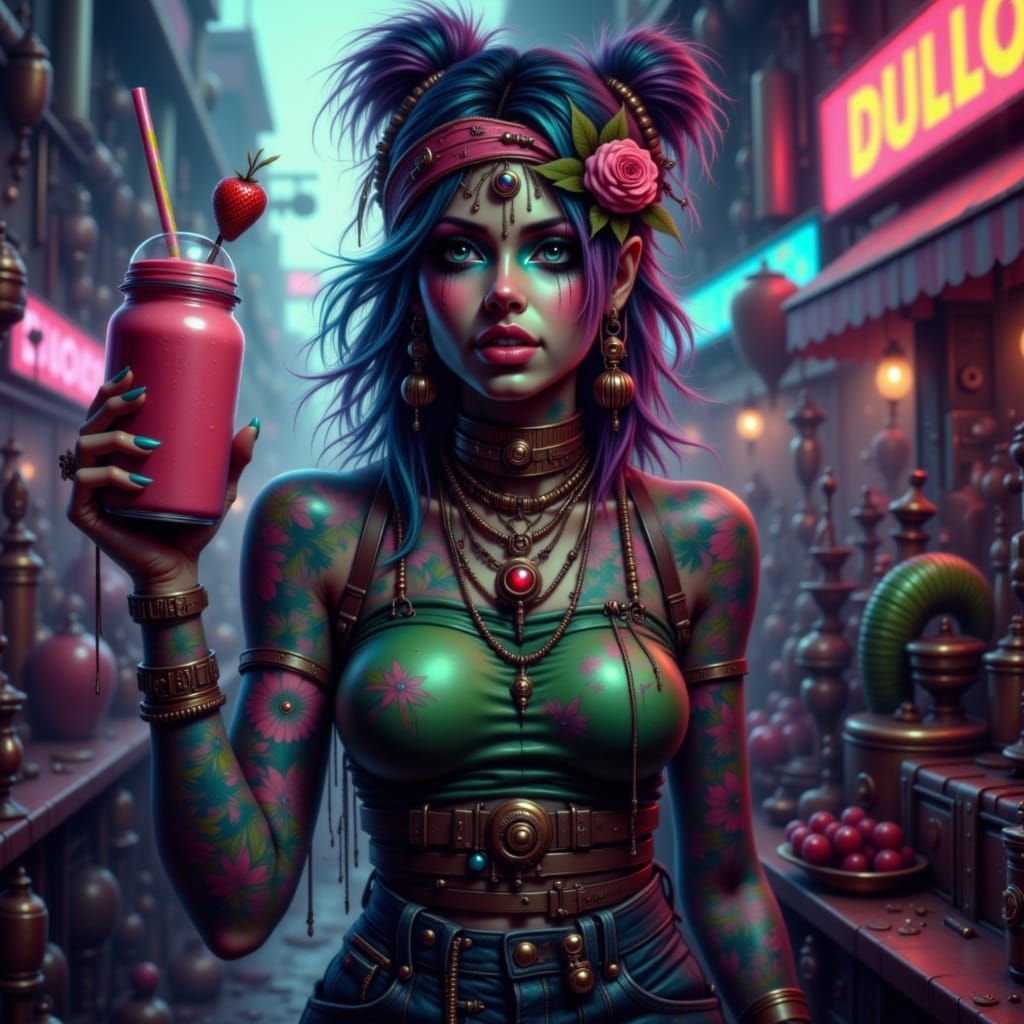 Tough Woman with Smoothie in Cyberpunk Style