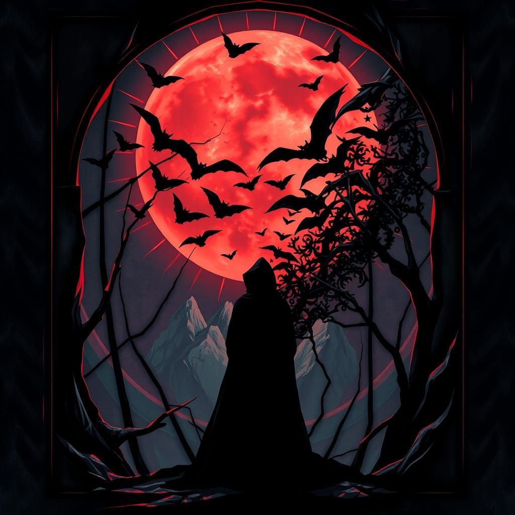 Lone Figure Against Blood Moon in Stained Glass