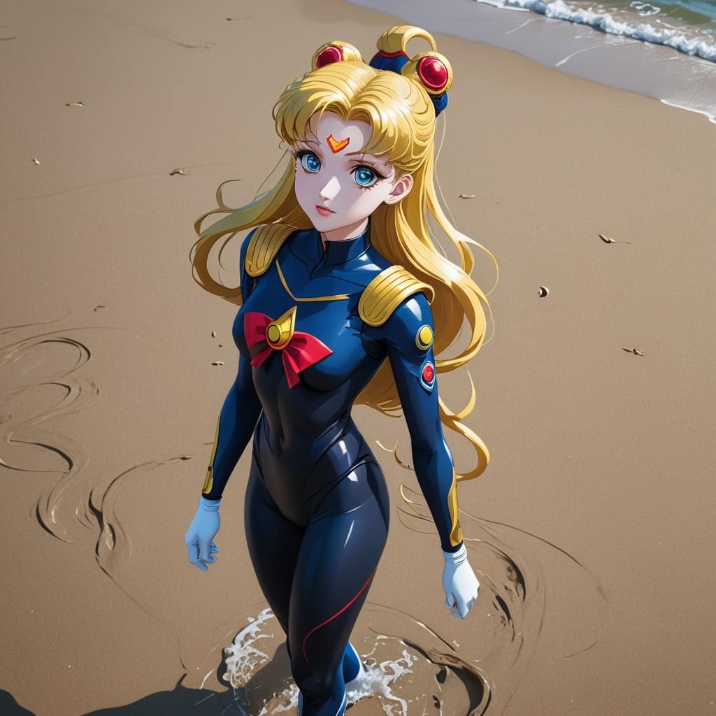 Sailor Moon on Beach in Wetsuit, Anime Style