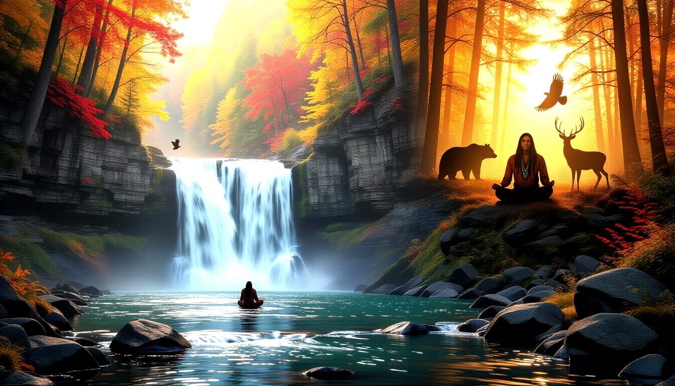 Majestic Autumn Waterfall with Wildlife Silhouettes