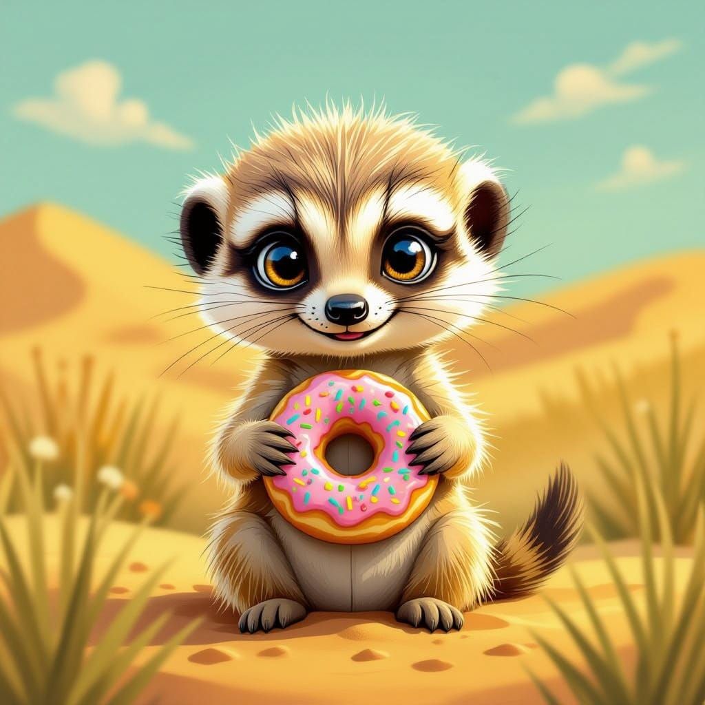 Meerkat Joyfully Holds Donut in Beatrix Potter Style