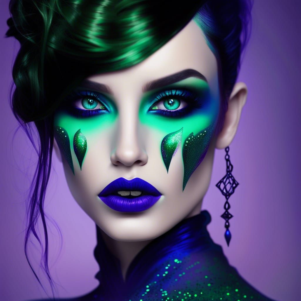 Ethereal Gothic witch young lady with black hair with Emerald Green highlights& vibrant purple highlights& cobalt blue h...
