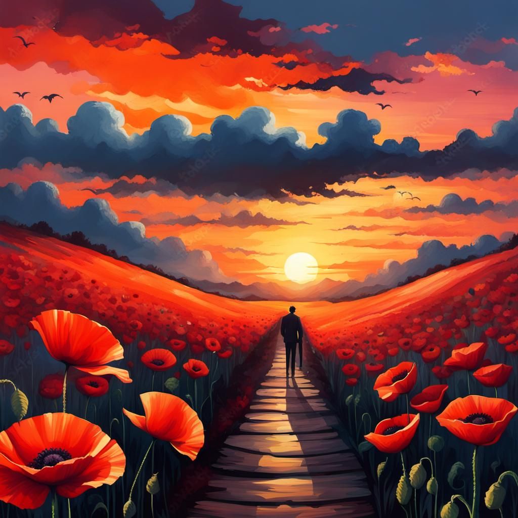 Young Man Gives Girl Poppy at Sunset