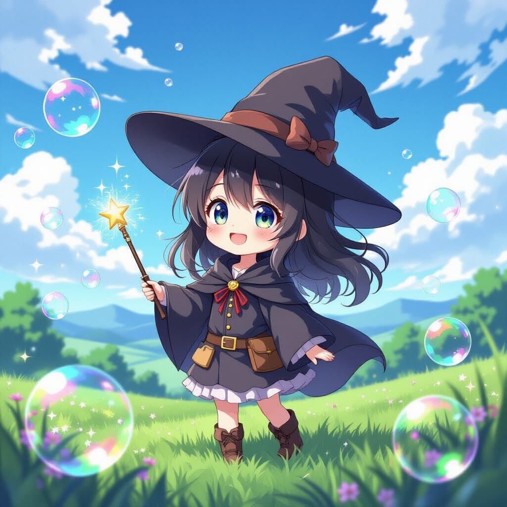 Cute Chibi Witch Girl with Soap Bubbles in Anime Style