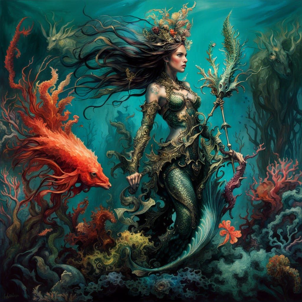 Mermaid Warrior with Trident in Splash Art Style