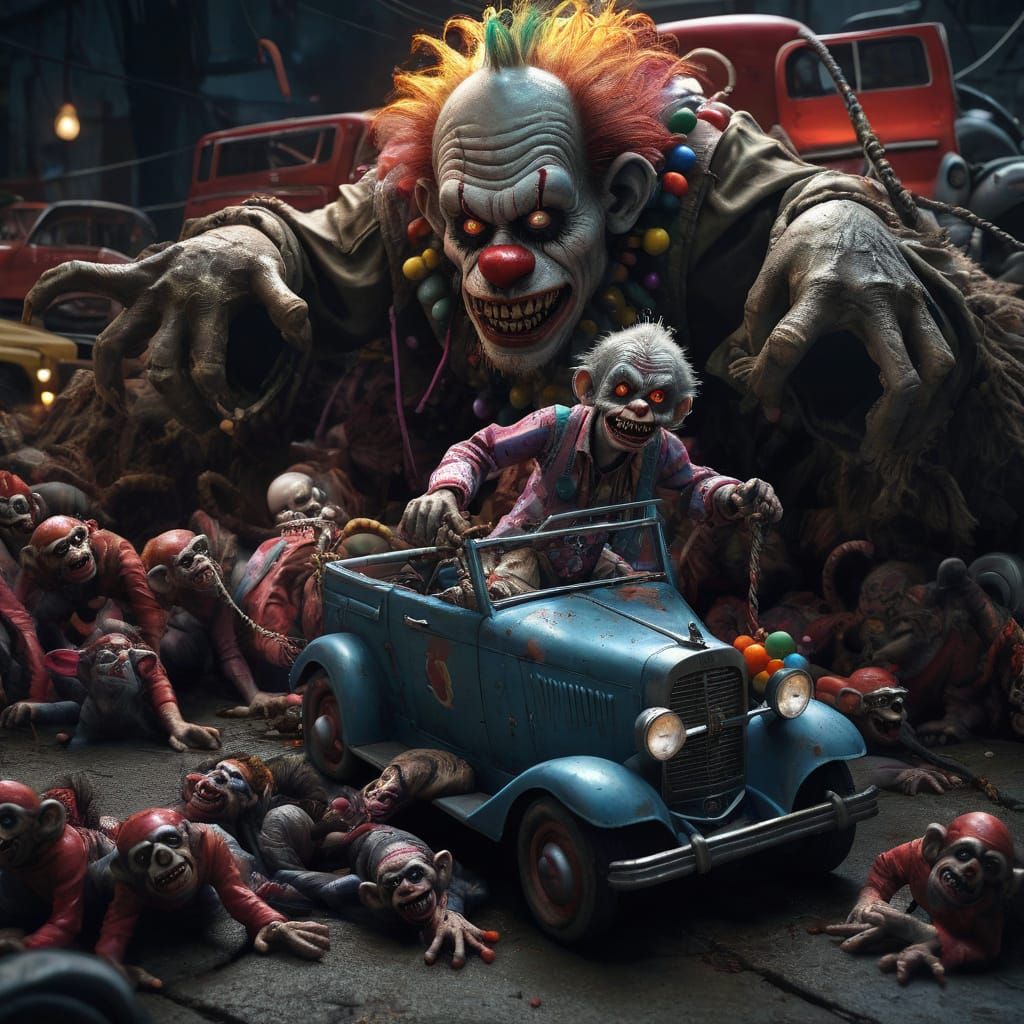Giant Restrained by Zombie Monkey Clowns in Digital Art