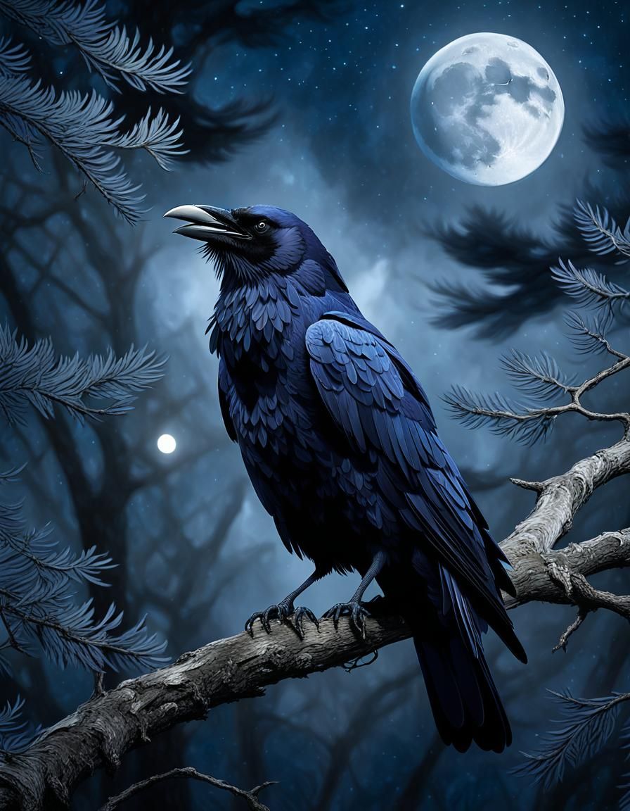 Expressionist Raven Squawking at Moon in Mystical Forest