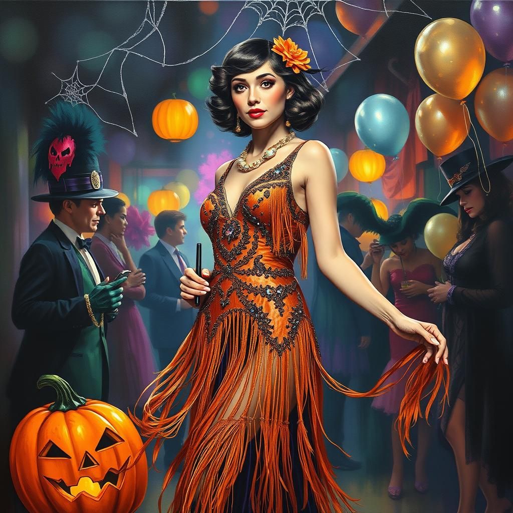 Flapper at Halloween Party as Impressionist Painting