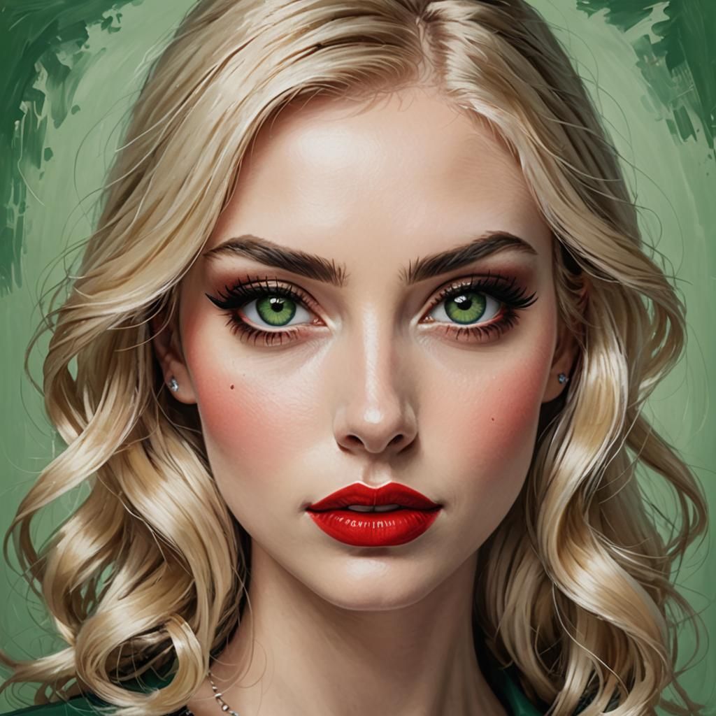 Blonde Girl with Green Eyes and Red Lips Portrait
