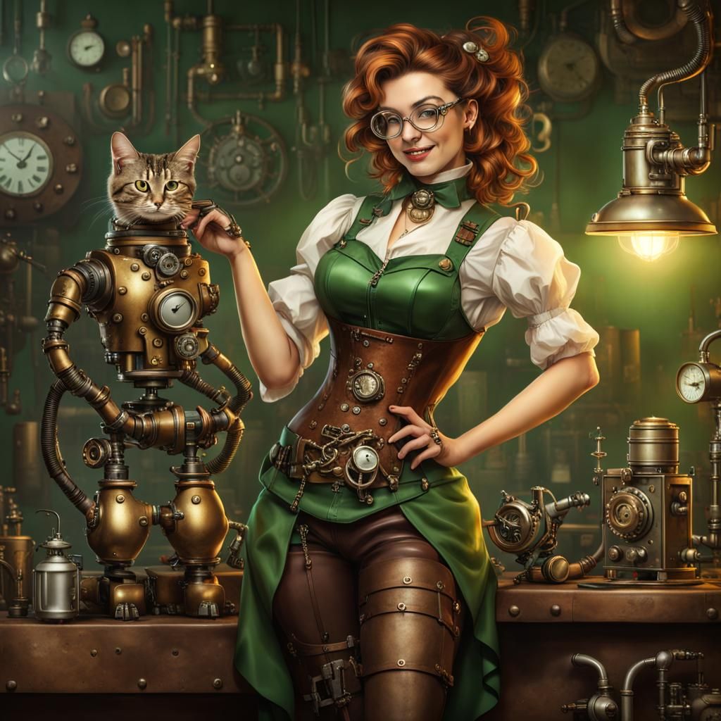 Steampunk Artificer with Robot Cat in Workshop